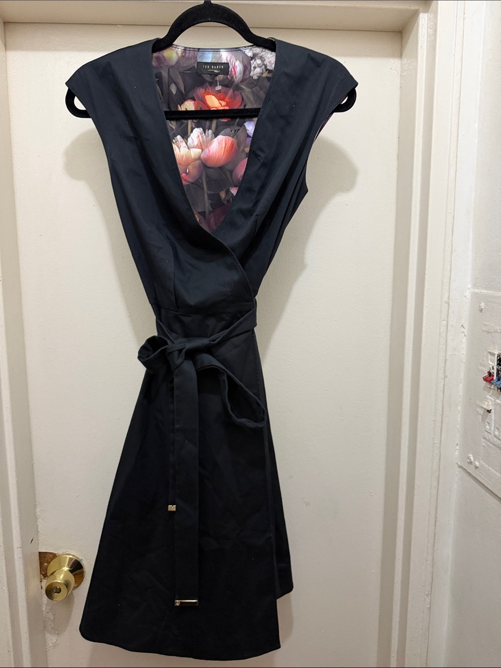 Ted Baker Black Sleeveless Wrap Midi Dress with Floral Lining